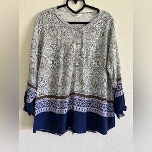 Relaxed Paisley Peasant Tunic in Navy and Cream